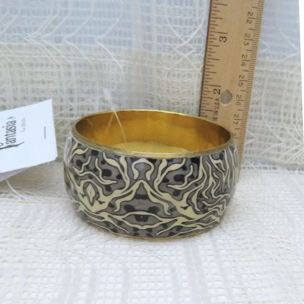 Bangle Bracelet Wide Metal Tan and Black Pattern Women Casual Chunky Neutrals